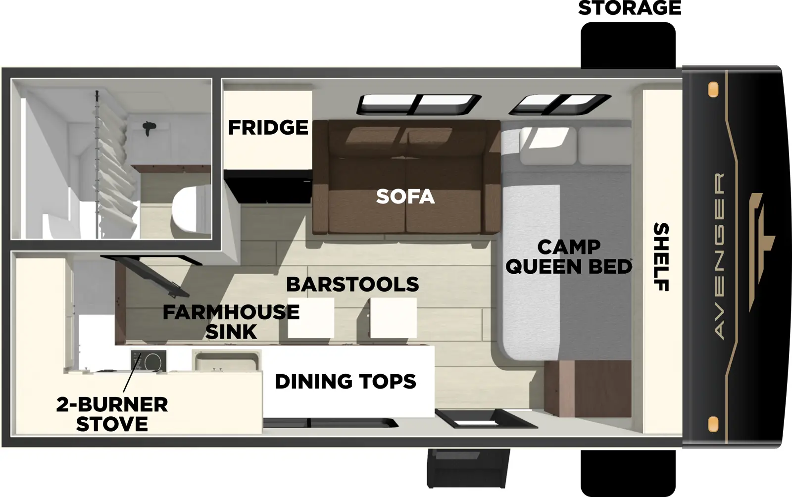 The Avenger 17RK - DSO floorplan has one entry and zero slide outs. Exterior features include: metal exterior. Interiors features include: front bedroom.